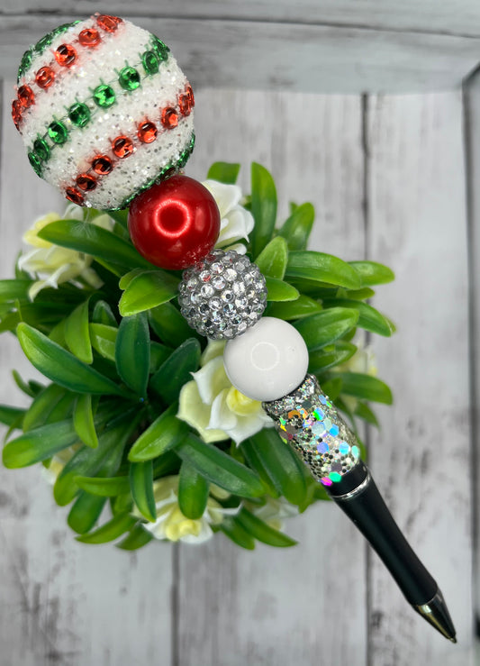 Handcrafted Black pen w/glitter, Christmas ball.