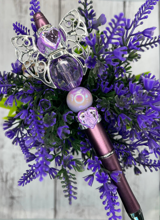 Handcrafted purple rhinestoned angel pen , purple heart