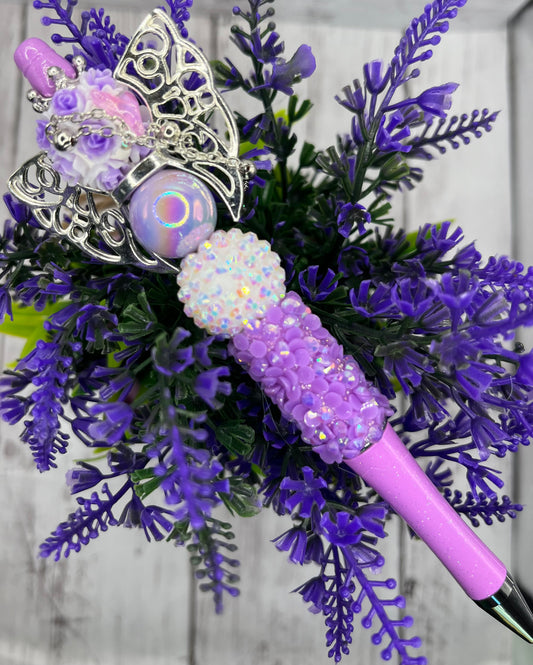 Handcrafted purple rhinestone angel pen, purple flower bead.