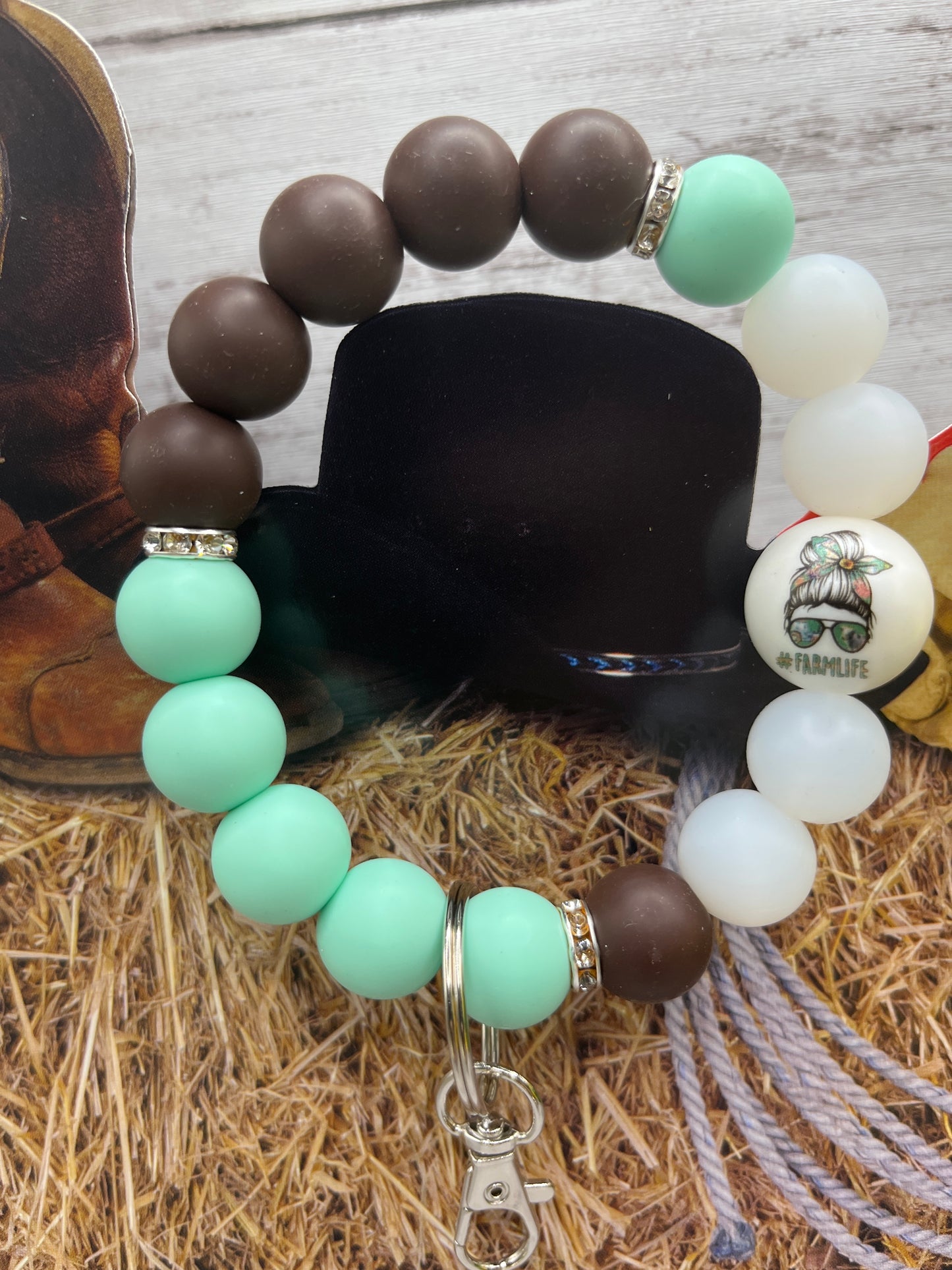 Handcrafted Wristlet/Keychain W/ #Farmlife Acrylic Bead, Brown, Mint and White Pearl White color Beads